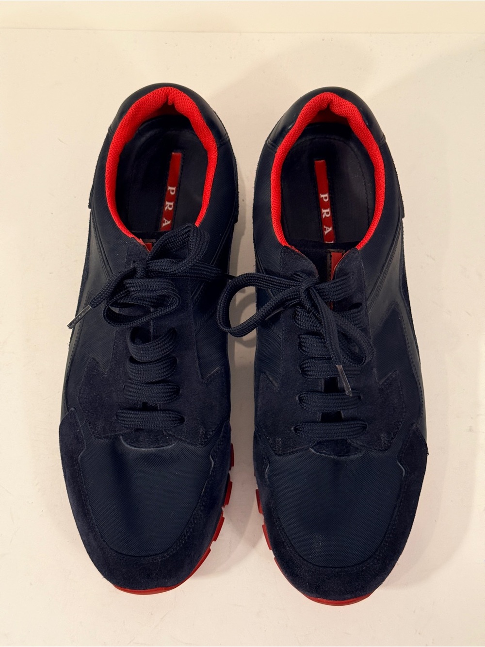 Prada Men’s Navy Suede Nylon Sneakers Prada Size 11 Red Sole Made Italy